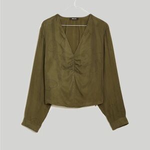 Madewell Shirt - Brushed Ruched-Front Top in expedition green w/black floral